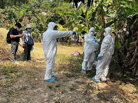 Cambodia health experts work during spray disinfectant at a village in Prey Veng eastern province.