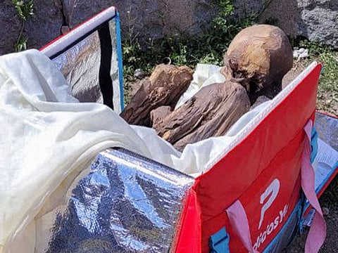A mummy found inside a cooler box used by a delivery service worker in Puno, Peru.