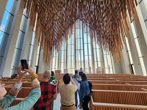 Visitors taking photos on the first day of public opening of the Abu Dhabi’s Abrahamic Family House, an interfaith complex on Al Saadiyat Island, on Wednesday, March 1.