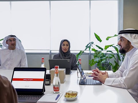 Sheikh Ahmed bin Mohammed bin Rashid Al Maktoum and Mona Al Marri during the Dubai Media Council meeting in Dubai