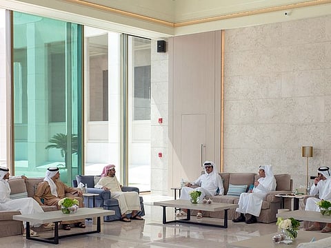 Sheikh Tamim during a meeting with Sheikh Tahnoun, and Sheikh Mansour in Doha.