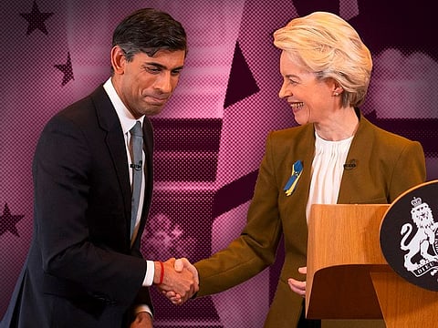 ‘There was a very constructive attitude from the very beginning, to solve problems, to find solutions,’ said Ursula von der Leyen, seen here with Rishi Sunak