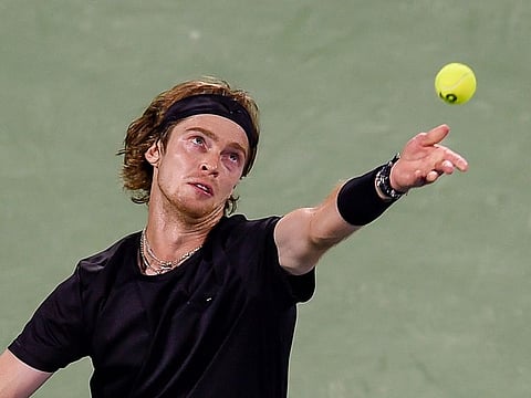 Andrey Rublev in action against Botic van de Zandschulp in the quarterfinal of the ATP Dubai Duty Free Tennis Championships on Thursday.