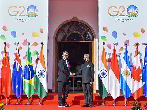 Sheikh Abdullah bin Zayed Al Nahyan, UAE Minister of Foreign Affairs and International Cooperation, with Indian Foreign Minister S. Jaishankar at the G20 Foreign Ministers’ Meeting in New Delhi, Thursday, Feb 2, 2023.