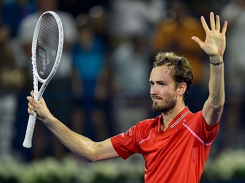 Third seed Daniil Medvedev celebrates after defeating top seed Novak Djokovic in the semifinal of the ATP Dubai Duty Free Tennis Championship on Friday. Medvedev will meet defending champion Andrey Rublev in the final on Saturday.
