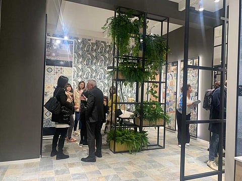 Visitors at a stand at Cevisama 2023 showcasing Spanish ceramic tiles