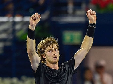 Andrey Rublev celebrates after defeating Alexander Zverev in the semifinals on Friday.