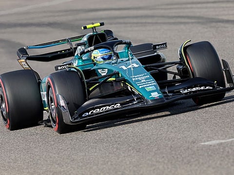Aston Martin's Spanish driver Fernando Alonso drives during the third practice session of the Bahrain Formula One Grand Prix at the Bahrain International Circuit in Sakhir.