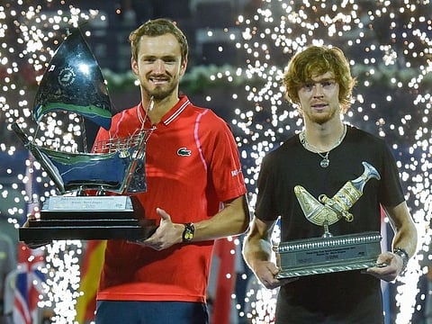 Daniil Medvedev holds the trophy after winning the final against Andrey Rublev in the ATP Dubai Duty Free Tennis Championships on March 4, 2023. This was the second seed’s third title in three weeks.
