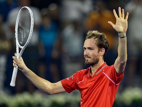 Daniil Medvedev celebrates after defeating Novak Djokovic in the semifinals of the Dubai Tennis Championships on Friday.