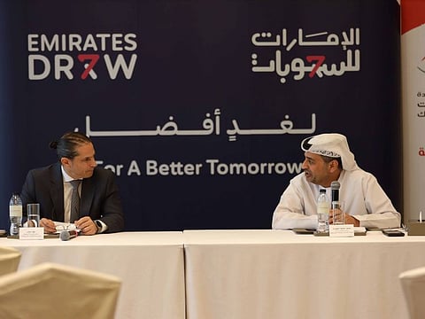 Mohammed Khalifa Al Muhairi, Chairman-Emirates Society for Consumer Protection and Paul Chader, Head of Marketing-Emirates Draw during the press conference in Dubai