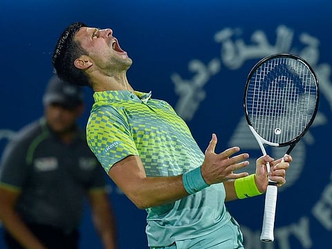 World No. 1 Novak Djokovic reacts during the semifinals against Daniil Medvedev in the ATP Dubai Duty Free Tennis Championships on March 3, 2023. Top seed and five-time winner Djokovic lost the match in straight sets.