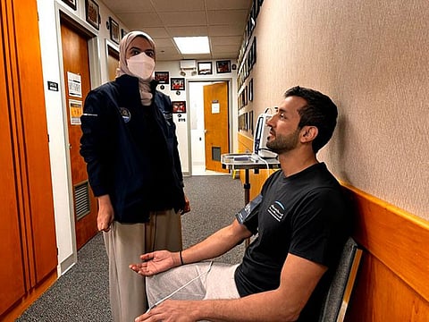 Dr Hanan AlSuwaidi, flight surgeon for the longest Arab space mission in history, monitors the health of astronaut Sultan AlNeyadi while he is in space after accompanying him during the preparations.