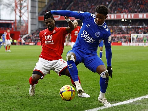Nottingham Forest's Serge Aurier (left) in action with Everton's Demarai Gray in the Premier League clash at the City Ground, Nottingham.