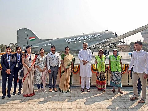 Odisha Chief Minister Naveen Patnaik unveils the Dakota (DC-3) VT-AUI aircraft of former State CM Biju Patnaik for public display to mark his 107th birth anniversary, at Biju Patnaik International Airport (BPIA), in Bhubaneswar on Sunday, March 5, 2023.