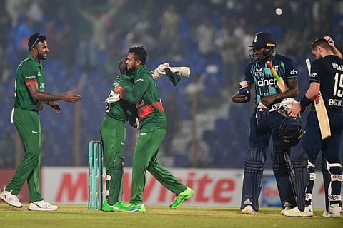 Bangladesh's Shakib Al Hasan (centre) was the star of the show as his side beat England at the Zahur Ahmed Chowdhury Stadium in Chittagong.