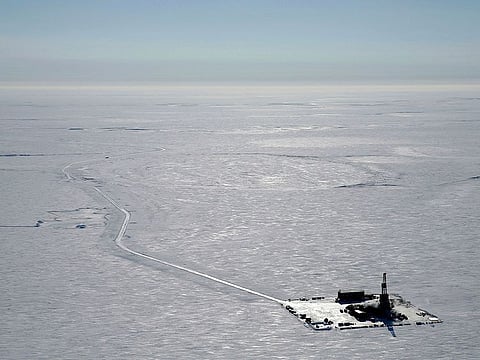 Aerial photo provided by ConocoPhillips shows an exploratory drilling camp at the proposed site of the Willow oil project on Alaska's North Slope.