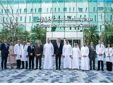 Sheikh Khaled bin Mohamed bin Zayed Al Nahyan (sixth from right) and health officials at the new Centre