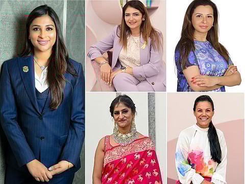 (left) Alisha Moopen; and (clockwise from top left) Lama Andari; Dr Keya Bayramova, Leda Fagundes and Reema Mahajan