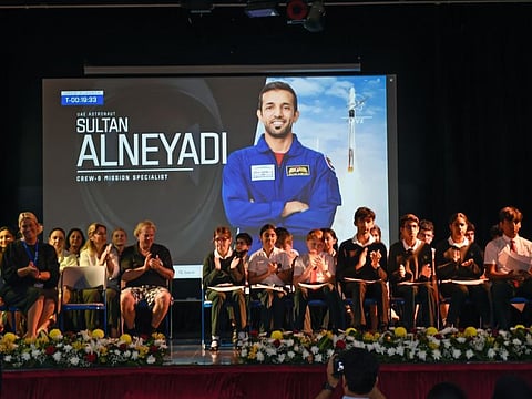 Students of Jumeirah College wait to ask questions to astronaut Sultan Al Neyadi, connecting with him live on the International Space Station. Photo: Virendra Saklani/Gulf News