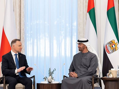 President His Highness Sheikh Mohamed bin Zayed Al Nahyan (right) with Andrzej Duda, President of the Republic of Poland, on Tuesday at Qasr Al Shati Palace in Abu Dhabi