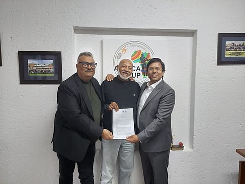 Vivek Tiwari and Nirala Singh (right), Founders of Corcom Media Ventures, with Cassim Suliman, CEO of Africa Cricket Association (centre), at the signing ceremony of the long term agreement in Johannesburg
