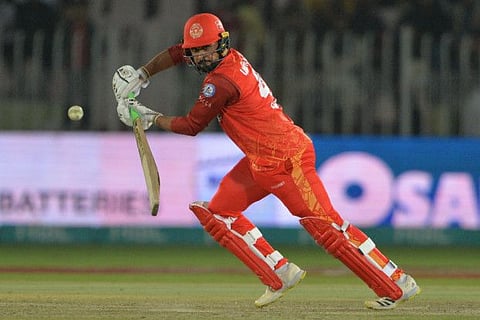 Islamabad United's Faheem Ashraf plays a shot during the Pakistan Super League Twenty20 match against Quetta Gladiators at the Rawalpindi Cricket Stadium in Rawalpindi.
