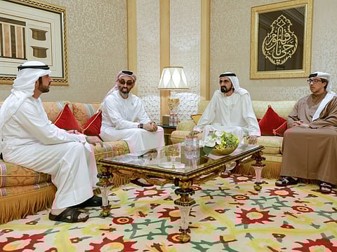 Sheikh Mohammed bin Rashid Al Maktoum meeting with Sheikh Tahnoun bin Zayed Al Nahyan and Sheikh Mansour bin Zayed Al Nahyan. The meeting was also attended by Sheikh Hamdan bin Mohammed bin Rashid Al Maktoum
