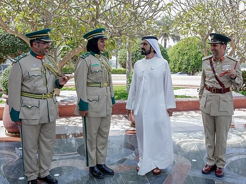 Sheikh Mohammed bin Rashid Al Maktoum during meeting with the high performing graduates of the Dubai Police Academy. Also present is Lieutenant General Abdullah Khalifa Al Marri, Commander-in-Chief of Dubai Police.