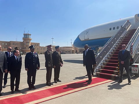 US Defence Secretary Lloyd Austin lands in Cairo, on March 8, 2023.