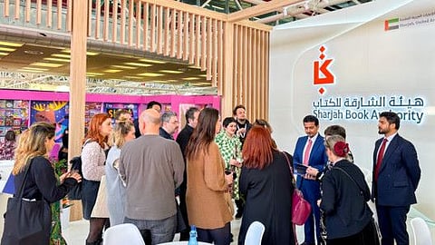 Ahmed bin Rakkad Al Ameri, Chairman of SBA, talking to book fairs officials and representatives of publishing associations and institutions Bologna Children’s Book Fair 2023.