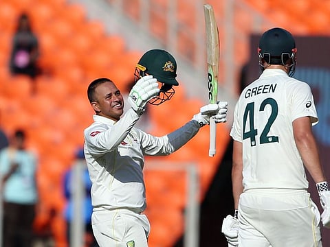 Australian opener Usman Khawaja celebrates his century during the Day 1 of the fourth Test against India at Narendra Modi Stadium in Ahmedabad on Thursday.