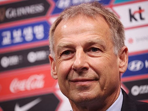 South Korean team's new head coach Jurgen Klinsmann attends a news conference at National Football Centre in Paju, South Korea, on Thursday.