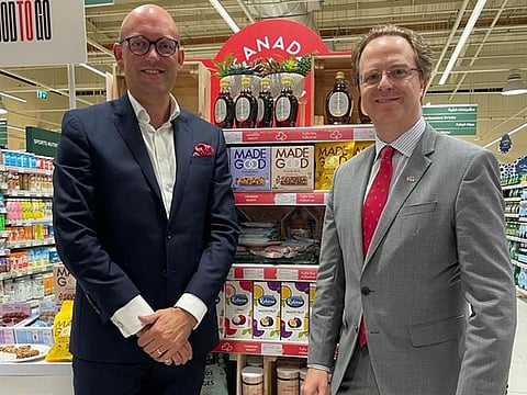 Canadian Consul General in Dubai Jean Philippe Linteau (left) at the launching of 'Canada food weeks' at a supermarket in Dubai on Friday
