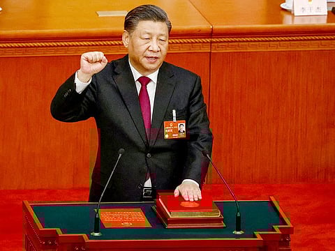 Chinese President Xi Jinping takes his oath during the Third Plenary Session of the National People's Congress (NPC) at the Great Hall of the People, in Beijing, on 10th March 2023.