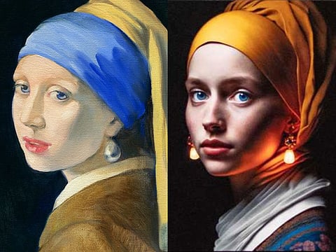 'Girl with a Pearl Earring' (left) oil painting by Johannes Vermeer and an AI-designed fan recreation by Julian van Dieken.