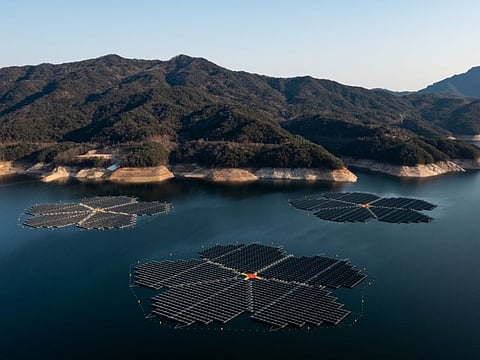 Floating solar panels on the Hapcheon Dam in Hapcheon, South Korea, on Feb. 8, 2022. More than 92,000 solar panels floating on the surface of a reservoir are able to generate 41 megawatts, enough to power 20,000 homes.