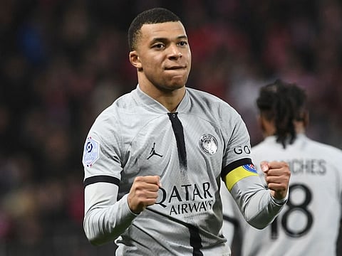 Paris Saint Germain's French forward Kylian Mbappe reacts at the end of the French L1 match against Stade Brestois at Stade Francis-Le Ble in Brest, western France.