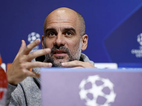 Manchester City manager Pep Guardiola during a press conference ahead of the Champions League last 16 second-leg clash against RB Leipzig at Etihad Campus, Manchester, Britain.