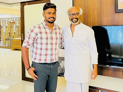 Sanju Samson with Rajinikanth at the superstar's residence on Sunday.