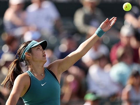 Emma Raducanu in action against Beatriz Haddad Maia during the BNP Paribas Open in Indian Wells, California.