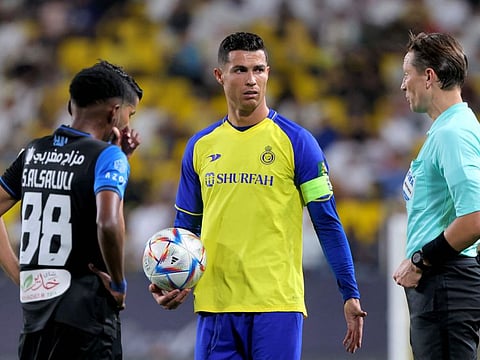 A fuming Cristiano Ronaldo (centre) was booked in Al Nassr's win over Abha in the King Cup of Champions.