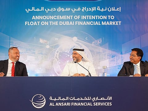 (From left) Mohammad Bitar, Deputy CEO, Al Ansari Financial Services, Rashed Al Ansari, CEO, Al Ansari Financial Services, and Faisal Anwar, CFO, Al Ansari Financial Services, announce the intention for Al Ansari Financial Services to float on the Dubai Financial Market.