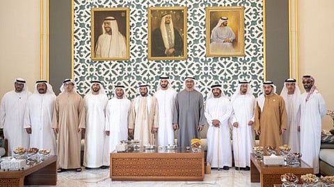 (right to left) Sheikh Tahnoon bin Zayed Al Nahyan UAE National Security Advisor, Sheikh Hazza bin Zayed Al Nahyan, Vice Chairman of the Abu Dhabi Executive Council, Sheikh Hamdan bin Zayed Al Nahyan, Ruler’s Representative in Al Dhafra Region, Hamad bin Suhail Al Khaili, Sheikh Saif bin Mohamed Al Nahyan, Sheikh Mohamed bin Zayed Al Nahyan, President of the United Arab Emirates, Sheikh Tahnoon bin Mohamed Al Nahyan, Ruler's Representative in Al Ain Region, Sheikh Suroor bin Mohamed Al Nahyan, Sheikh Nahyan Bin Zayed Al Nahyan, Chairman of the Board of Trustees of Zayed bin Sultan Al Nahyan Charitable and Humanitarian Foundation, Sheikh Mansour bin Zayed Al Nahyan, UAE Deputy Prime Minister and Minister of the Presidential Court, Sheikh Saeed bin Mohamed Al Nahyan and Sheikh Ahmed bin Hamdan bin Mohamed Al Nahyan, during the wedding reception of Sheikh Zayed bin Suroor bin Mohamed Al Nahyan (7th R).