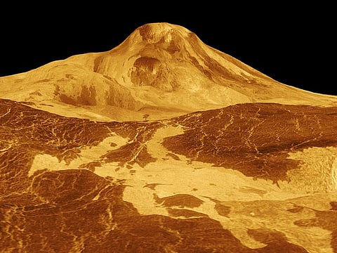 A new study found evidence of volcanic activity as recently as the early 1990s on the north side of Venus's Maat Mons, seen in this image from the JPL Multi-mission Image Processing Laboratory.