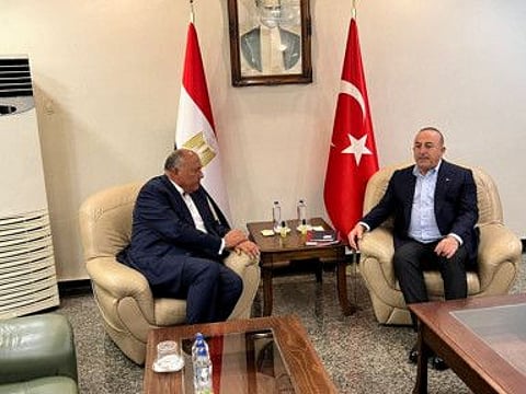 Turkey's Foreign Minister Mevlut Cavusoglu meets with his Egyptian counterpart Sameh Shoukry in Mersin, Turkey, February 27, 2023.