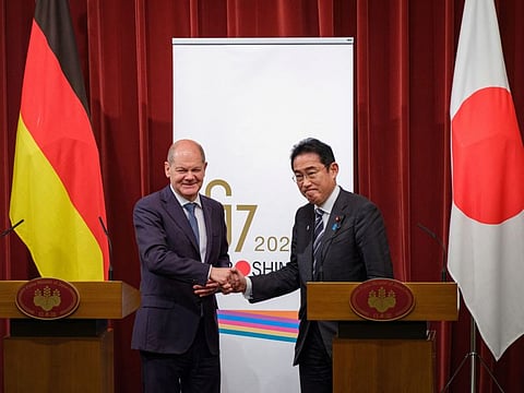 Germany Chancellor Olaf Scholz and Japan Prime Minister Fumio Kishida during a presser after the summit at the Prime Minister's official residence in Tokyo, March 18, 2023.