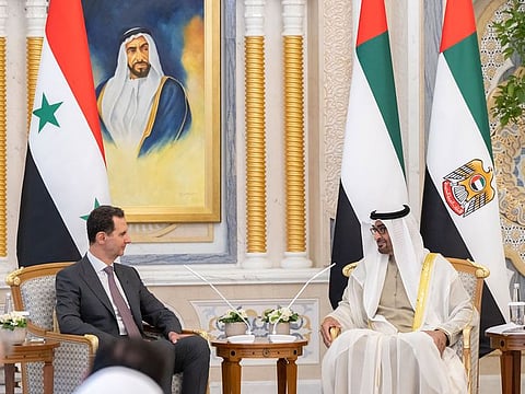 Bashar Al Assad (left), President of the Syrian Arab Republic, was received by President His Highness Sheikh Mohamed bin Zayed Al Nahyan