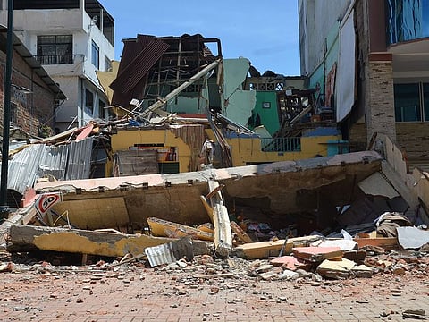 Destroyed buildings are seen after an earthquake in the city of Machala, Ecuador on March 18, 2023.