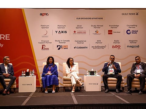 Bashaar Ansari Manager, Recruitment (Japan, LATAM, ME, Africa and Pakistan), York University, Vandana Mahajan, Founder, Futures Abroad, Kiran Kaur - Business Head, Acquisitions, GLinks, Rahul Paitka – Director, Charms Education & Immigration, Dr Muhammad Yousuf Qadri, Chief Executive Officer, Qadri International during a panel discussion on Study Abroad on the final day of GN EduFair 2023 at Ritz Carlton Dubai.